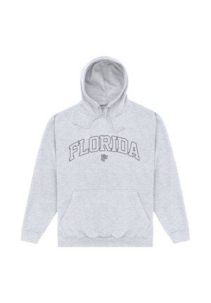 Jasnoszara bluza z kapturem z przednią kieszenią oraz napisem „FLORIDA” dużymi konturowanymi literami na przodzie, poniżej małe logo „FF”.