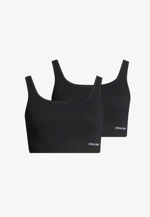 Top di reggiseno nero in confezione da due, realizzati in tessuto liscio e elasticizzato. Presentano spalline larghe e un'etichetta con logo sull'orlo.