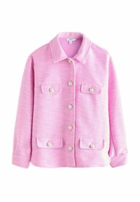 Pink textured jacket featuring a collar, six front buttons, two chest pockets with pearl accents, and long sleeves with button cuffs.
