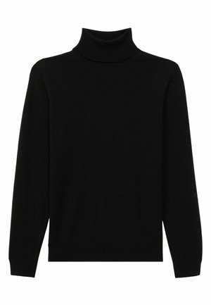 Schwarzer Rollkragenpullover aus weichem Strickmaterial. Mit langen Ärmeln, figurbetontem Schnitt und hohem, geripptem Kragen.