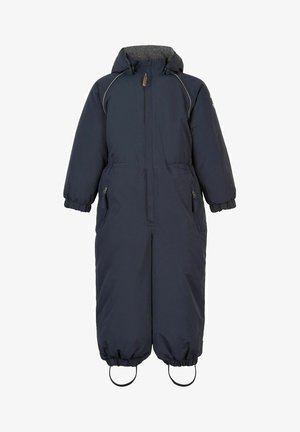 Marineblauwe geïsoleerde overall met capuchon, elastische manchetten, twee frontzakken en verstelbare onderranden voor een strakke pasvorm. Glad textuur van de stof.
