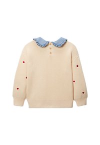 Pull en tricot crème avec un col à volants bleu clair, patte de boutonnage à cinq boutons et broderie de cœur rouge sur les manches. Texture douce, coupe décontractée.
