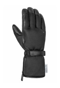 Schwarze Winterhandschuhe mit einer Lederhandfläche, einem Stoffrücken und einem verstellbaren Bündchen mit Reißverschluss. Entworfen für Isolierung und Grip.