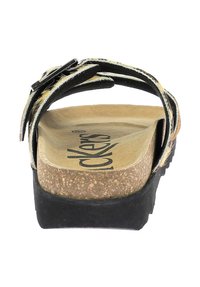 Sandalias negras y marrones con una plantilla de corcho, correas texturizadas y una hebilla ajustable negra. Cuenta con una suela robusta de goma negra.