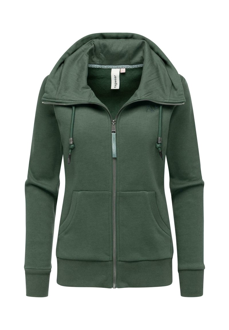 Felpa verde con zip, dotata di un ampio cappuccio piegato, due tasche frontali e dettagli con coulisse. Tessuto morbido con una vestibilità casual.