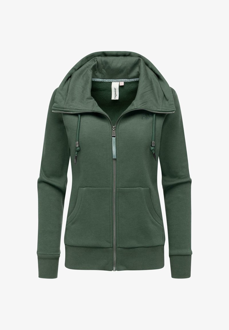 Felpa verde con zip, dotata di un ampio cappuccio piegato, due tasche frontali e dettagli con coulisse. Tessuto morbido con una vestibilità casual.