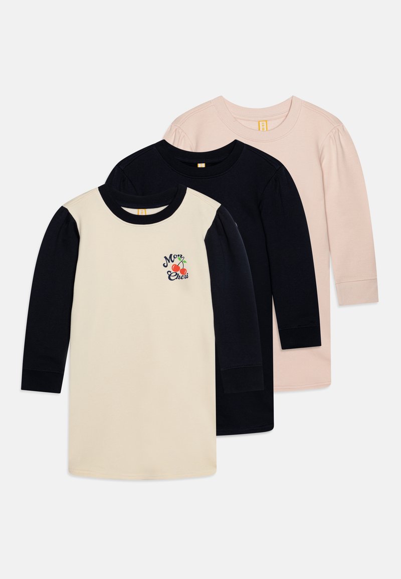 Tričko s dlhým rukávom v béžovej, námorníckej a svetloružovej farbe, s ryhovanými výstrihmi a grafiku čerešne na béžovom šate.