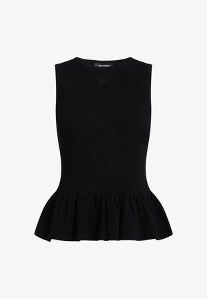 Črna rebrasta brezrokavna majica z oprijetim bodicem, peplum robom in diskretno logotipno podrobnostjo pri vratnem izrezu. Teksturni material daje globino.