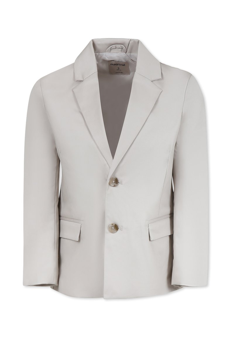 Lichtgrijze blazer met een gestructureerd ontwerp, notch-kraag, twee voorknopen en zijzakken, gemaakt van een gladde stof.