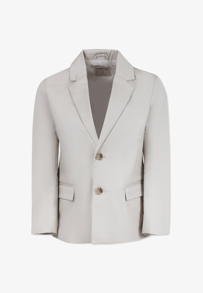 Lichtgrijze blazer met een gestructureerd ontwerp, notch-kraag, twee voorknopen en zijzakken, gemaakt van een gladde stof.