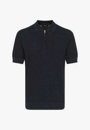 Tengerészkék, rövid ujjú polo póló, cipzáras gallérral, texturált kötött mintával, bordázott mandzsettával és aljjal.