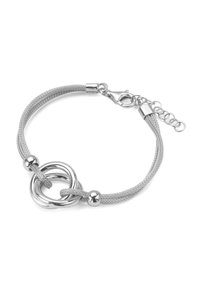 Srebrna bransoletka łańcuchowa z teksturowanym wzorem metalowego kabla, dwiema okrągłymi połączonymi pierścieniami i zapięciem na homara z regulowanym łańcuszkiem.