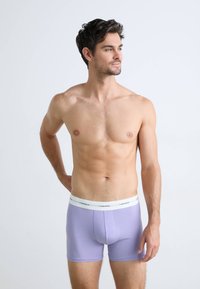 Boxeri violeți cu un elastic alb la talie ce prezintă logo-ul "Calvin Klein". Material neted, design ajustat, lungime până la mijlocul coapsei.