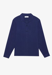 Dunkelblaues Langarm-Hemd mit Knopfleiste aus weichem Material, mit einem klassischen Kragen und sechs schwarzen Knöpfen auf der Vorderseite. Einfache Gestaltung, keine Muster.
