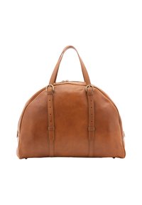 Borsa da viaggio in pelle marrone con forma arrotondata, maniglie superiori doppie e chiusura con zip. Presenta dettagli cuciti e accessori in tonalità oro.