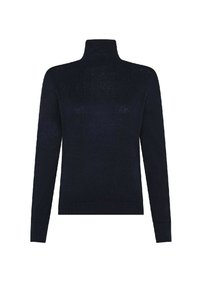 Maglione a collo alto blu navy, maniche lunghe, texture a coste sul collo e sull'orlo, materiale lavorato a maglia con una finitura liscia e un design aderente.