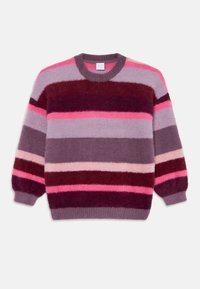 Maglione lavorato a maglia in tonalità di viola, rosa e bordeaux. Caratterizzato da righe orizzontali e un collo rotondo con polsini e orlo a costine. Texture morbida.