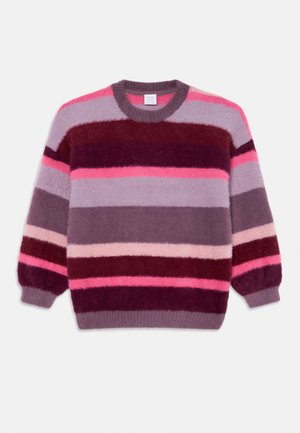 Maglione lavorato a maglia in tonalità di viola, rosa e bordeaux. Caratterizzato da righe orizzontali e un collo rotondo con polsini e orlo a costine. Texture morbida.