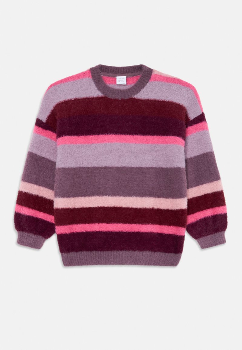 Maglione lavorato a maglia in tonalità di viola, rosa e bordeaux. Caratterizzato da righe orizzontali e un collo rotondo con polsini e orlo a costine. Texture morbida.