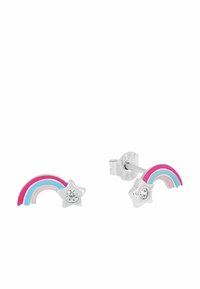 Pendientes de aro en plata con forma de arcoíris y estrellas, que presentan esmalte en rosa, azul y blanco, con acentos de piedras preciosas transparentes en cada pieza.