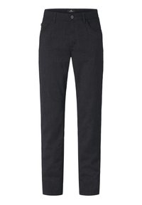 Dark blue, textured pants with a slim fit, four pockets, and a button closure. Made from durable fabric, suitable for casual wear.