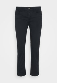Pantalon noir à jambes droites avec boutons et fermeture éclair à l'avant, poches avant et arrière, présenté sur un fond blanc.