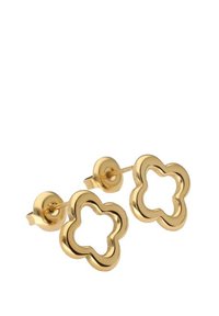 Goldene Ohrstecker in floralem Design mit offenem Zentrum und glatter Oberfläche. Einfache Hardware-Verschlüsse für sicheren Tragekomfort.