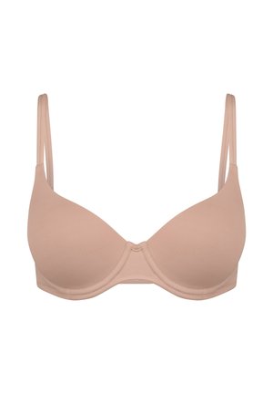 Nude-colored, lightly padded underwire bra with double thin adjustable shoulder straps and smooth seamless cups.