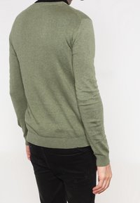 Grön stickad tröja med långa ärmar, rund halsringning och ribbad manschett, som bärs över svarta byxor, sedd bakifrån. Mjuk textur, avslappnad passform.