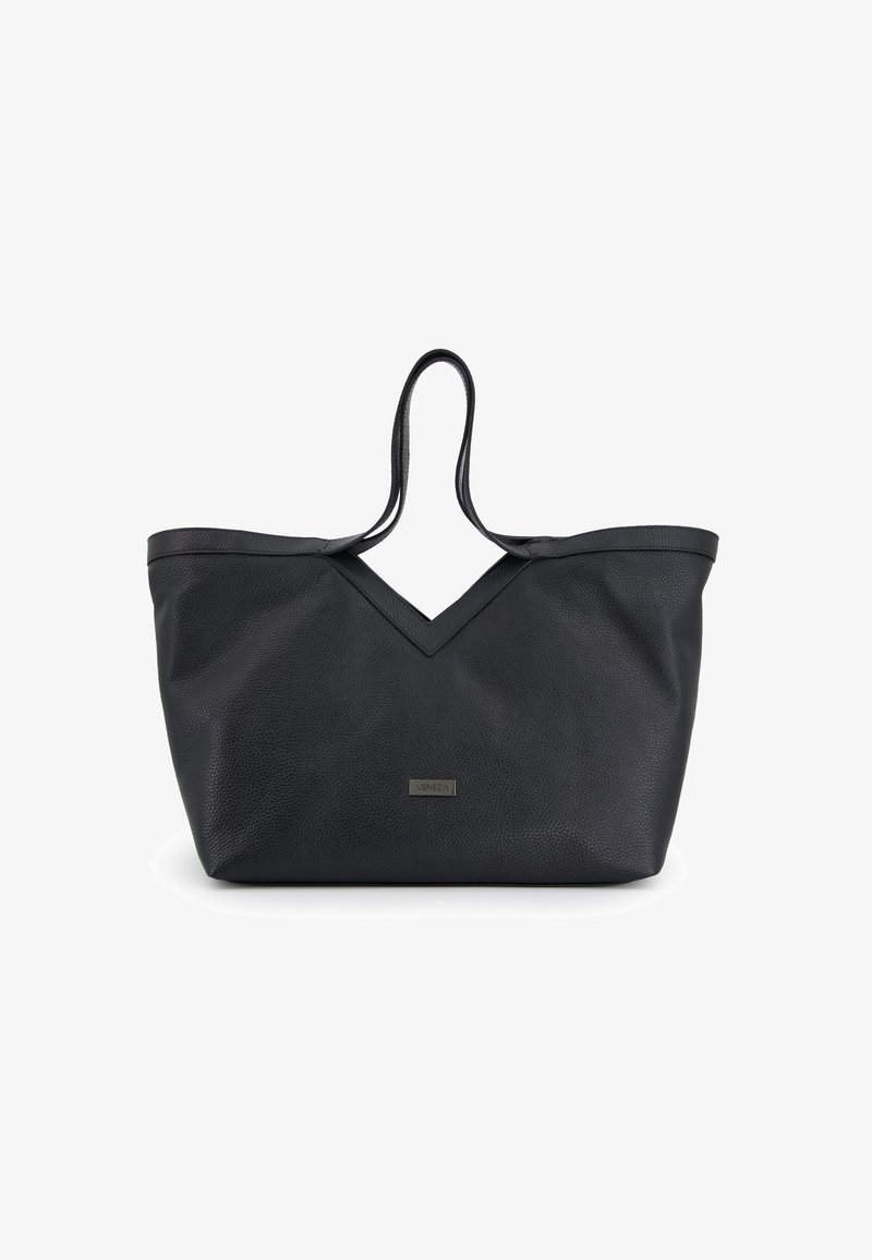 Black leather tote bag with a textured finish, featuring a V-shaped opening and dual shoulder straps. Includes a subtle brand logo plate.
