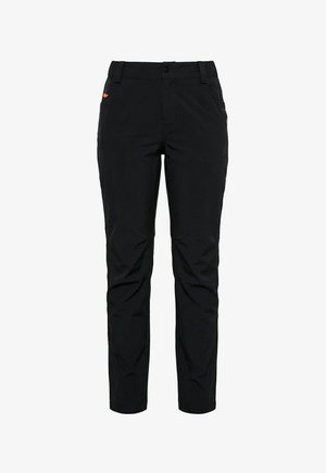 Czarne casualowe spodnie o wąskim kroju z przednimi kieszeniami, szlufkami na pasek, zapięciem na guzik oraz małym pomarańczowym detalem przy lewej kieszeni.