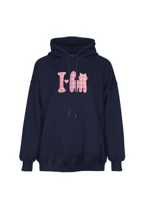 Navyblå hættetrøje med frontlomme og snører, med pink tekst og en kat silhouet med et hjerte på brystet.