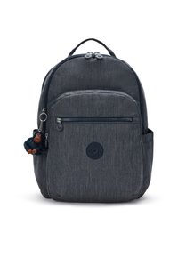 Zaino in tessuto grigio scuro con una forma strutturata, tasca frontale con zip, patch con logo e un portachiavi a forma di scimmia allegra attaccato.
