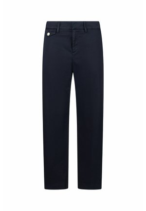 Marineblaue Hose aus glattem Stoff, mit geradem Schnitt, zwei Fronttaschen, einem Reißverschluss und einem silbernen Knopfdetail am Bund.