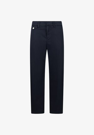 Pantaloni blu navy realizzati in un tessuto liscio, con taglio dritto, due tasche frontali, chiusura con zip e dettaglio di bottone argentato in vita.