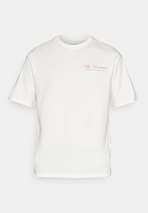 Weißes Baumwoll-T-Shirt mit kurzen Ärmeln, Rundhalsausschnitt und vorderem Text in hellrosa mit der Aufschrift "Villa Novantasette SELECTED VACANZA XCVII."