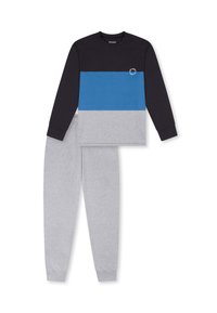 Langarmoberteil in Schwarz, Blau und Grau mit einem runden Logo; graue Trainingshose. Hergestellt aus weichem, bequemem Material.
