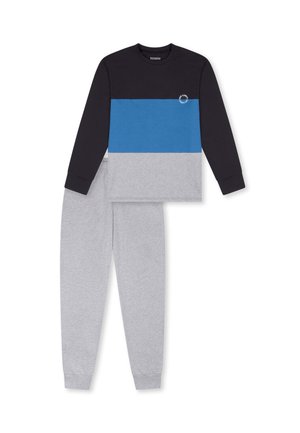Langarmoberteil in Schwarz, Blau und Grau mit einem runden Logo; graue Trainingshose. Hergestellt aus weichem, bequemem Material.