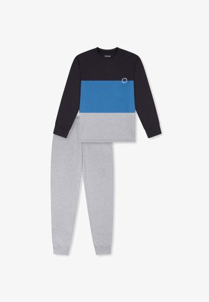 Maglietta a maniche lunghe nera, blu e grigia con un logo rotondo; pantaloni della tuta grigi. Realizzati in un tessuto morbido e confortevole.