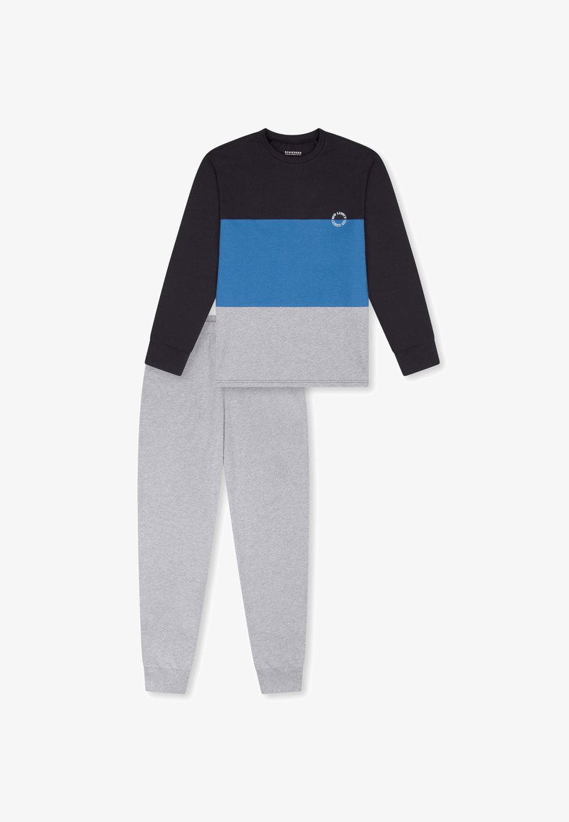 Long-sleeve top in black, blue, and grey with a round logo; grey sweatpants. Made from soft, comfortable fabric.