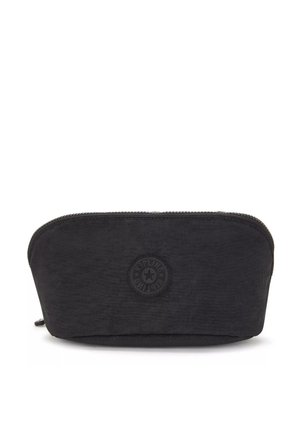 Pochette cosmetica nera con zip e parte superiore arrotondata, realizzata in tessuto testurizzato, con un logo circolare stampa a caldo sul fronte.