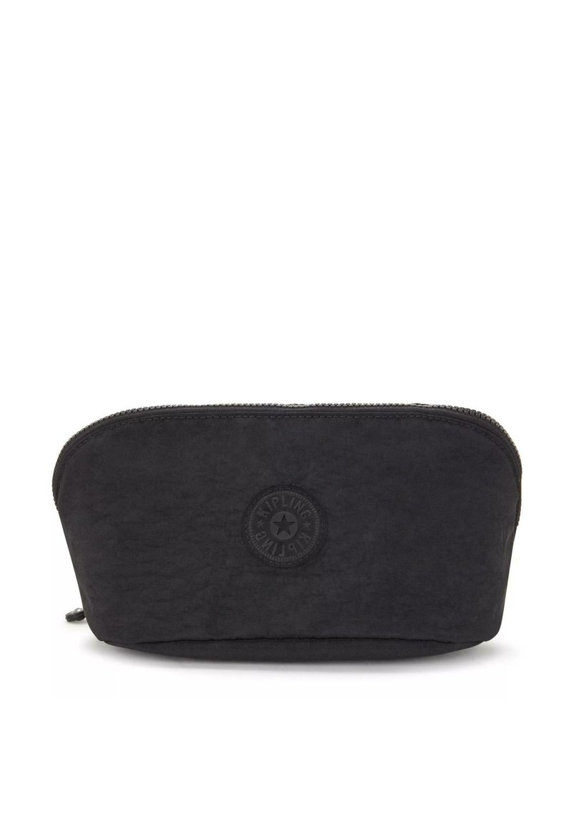 Pochette cosmetica nera con zip e parte superiore arrotondata, realizzata in tessuto testurizzato, con un logo circolare stampa a caldo sul fronte.