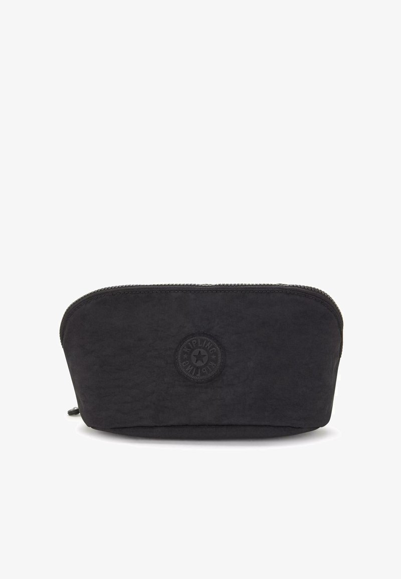 Pochette cosmetica nera con zip e parte superiore arrotondata, realizzata in tessuto testurizzato, con un logo circolare stampa a caldo sul fronte.