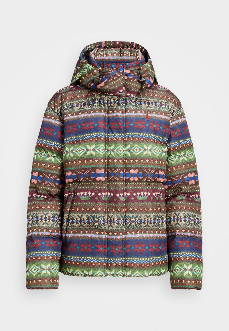 Padded jacket s kapucí, s vícebarevným geometrickým a květinovým vzorem v odstínech zelené, burgundské, modré a béžové.