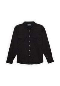 Camisa negra de manga larga con botón en la parte delantera, dos bolsillos en el pecho y un cuello clásico. Tejido suave y diseño minimalista.