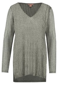 Svetr s dlouhým rukávem a výstřihem do V v metalické šedé barvě s žebrovanou texturou. Má volný střih a jemný třpyt po celém materiálu.