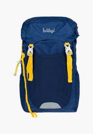 Navy blue backpack with yellow straps and hardware. Features a textured fabric, a cinch cord, and a grey accent on the bottom.