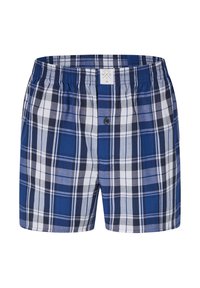 Pantaloni boxers a quadri blu e bianchi con cintura elastica e chiusura a bottone. Realizzati in tessuto leggero e traspirante con un motivo a scacchi.