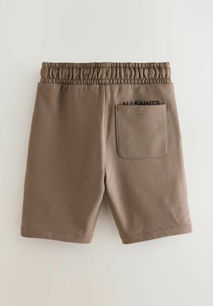 Pruunid puuvillased lühikesed püksid elastse vöökohaga, millel on tagatasku ja musta kirjaga "ALL SAINTS" trükk tagaküljel.