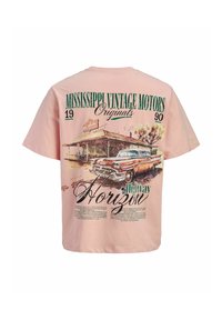 Rosa T-Shirt mit einem klassischen Auto der 1950er Jahre, das an einem Straßenrand-Diner geparkt ist, mit dem Text "Mississippi Vintage Motors Originals 1990 Highway Horizon."